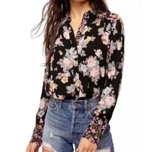 Free People Hold Onto Me Black Floral Button Down Shirt Sz S - Picture 11 of 11